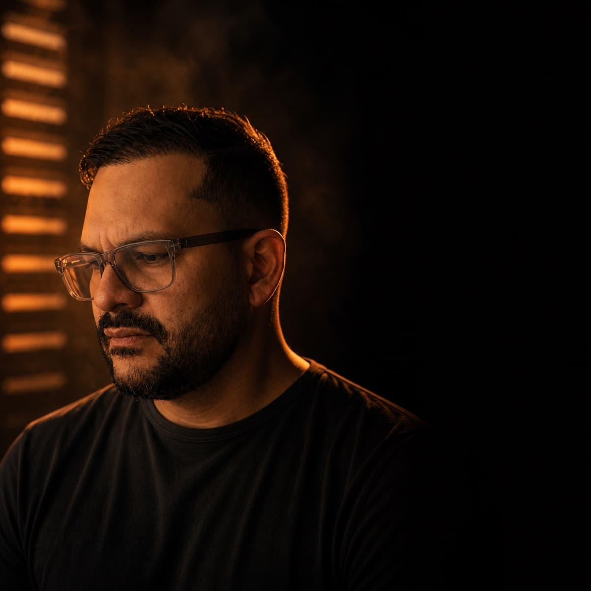 Miguel Lemus pensativo, con luz cálida de lado